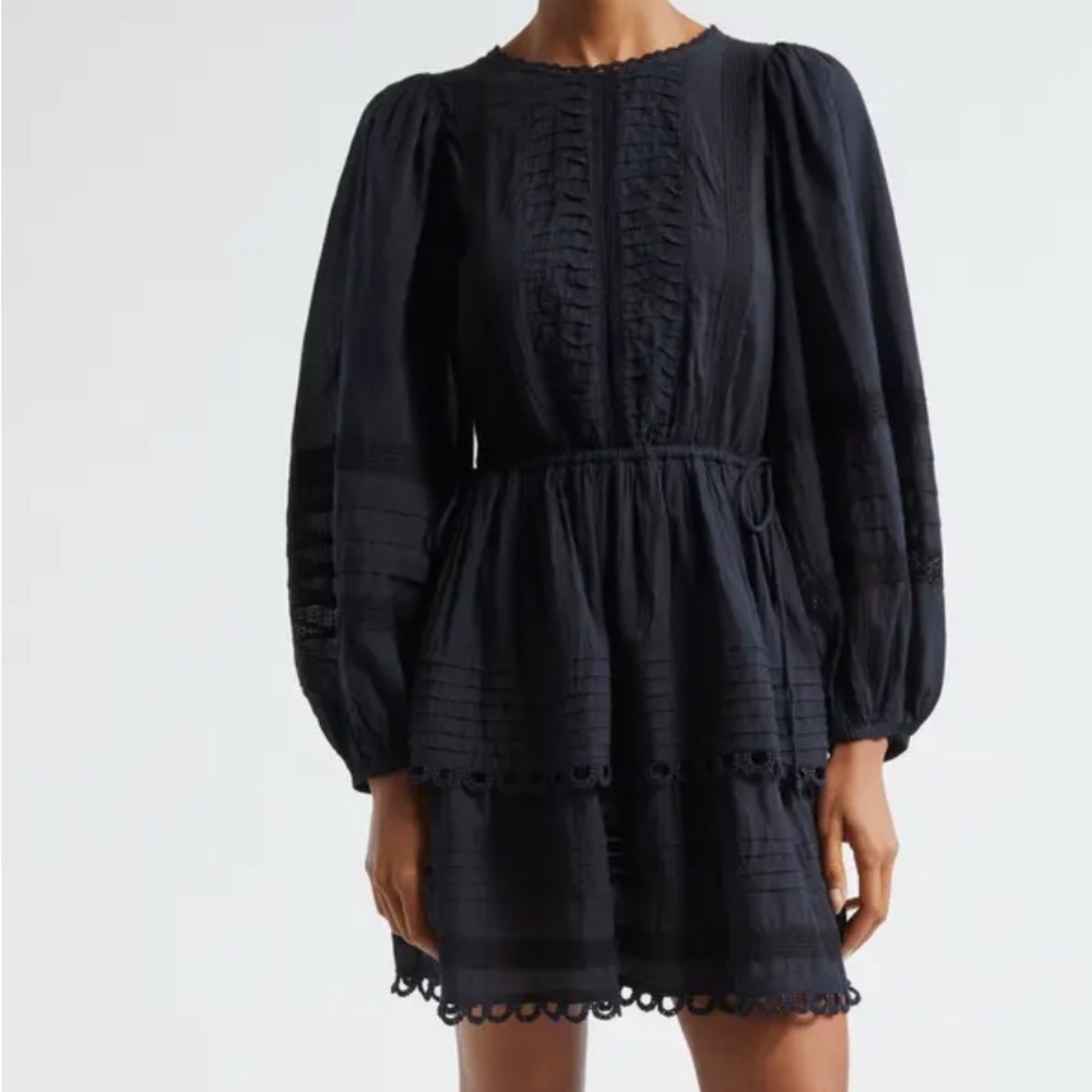 Farm rio Lace trimmed pin tuck cotton voile mini dress Ladies size small Black